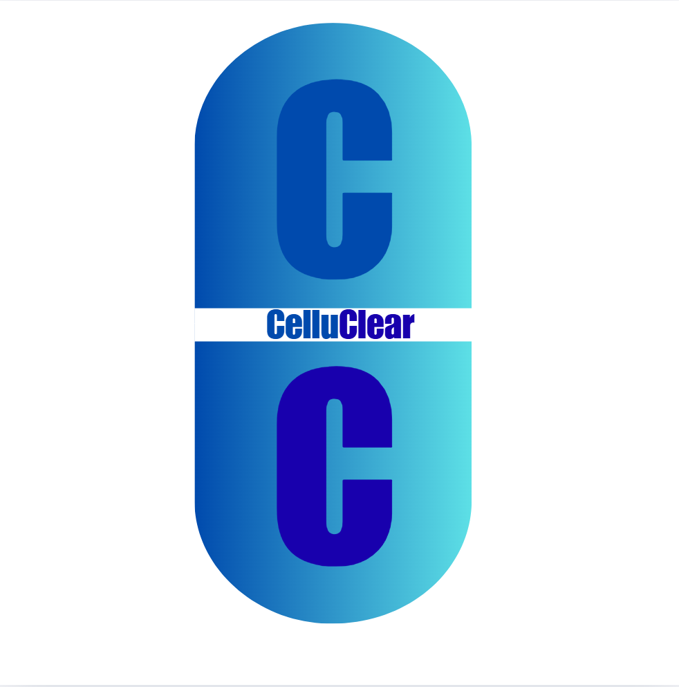 A double capsule pill with blue and cyan colors featuring the letters C on each half and the brand name CelluClear in the middle.
