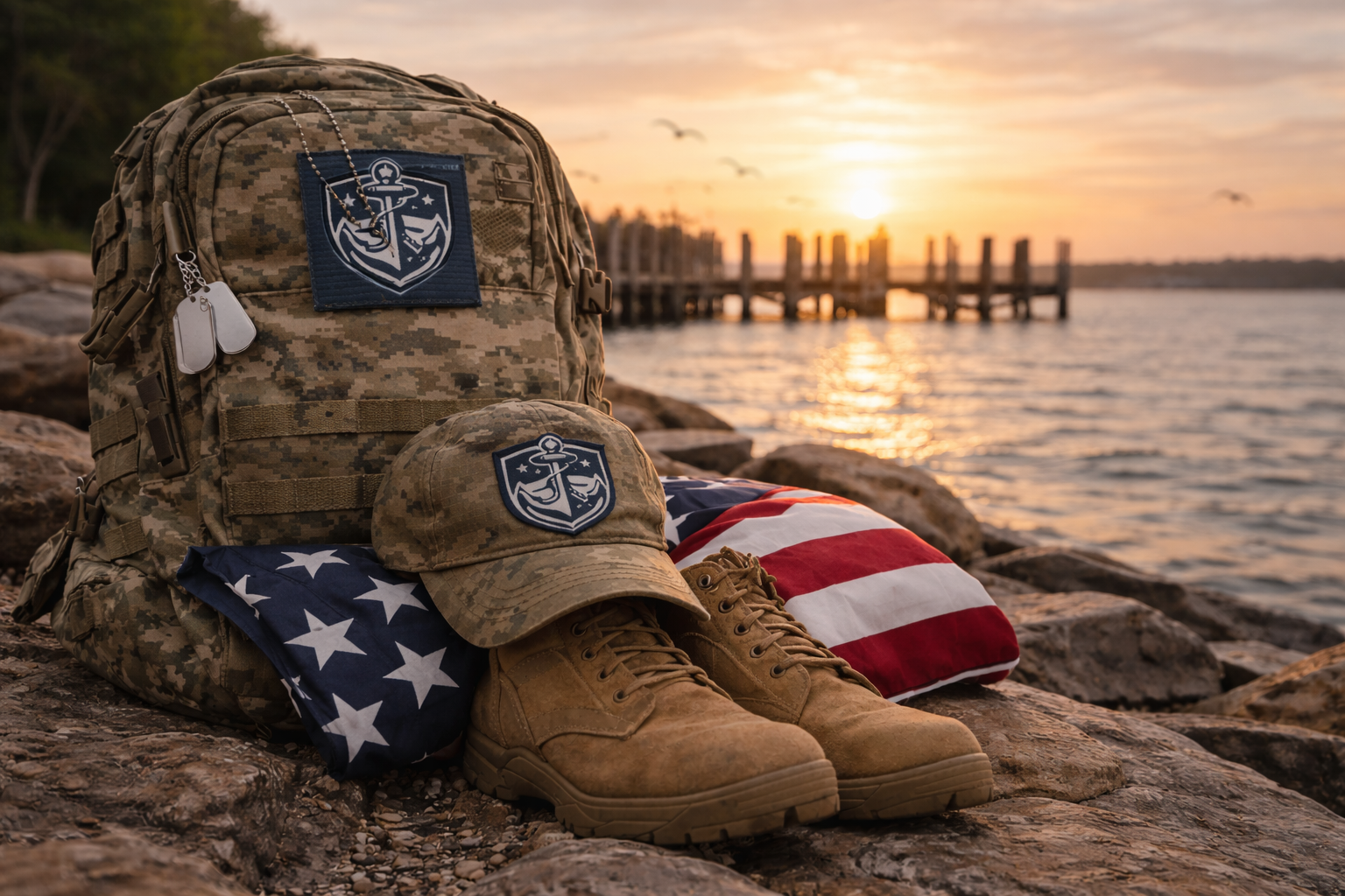 Military backpack, cap, and boots placed on rocks near a body of water during sunset, with an American flag draped next to them.