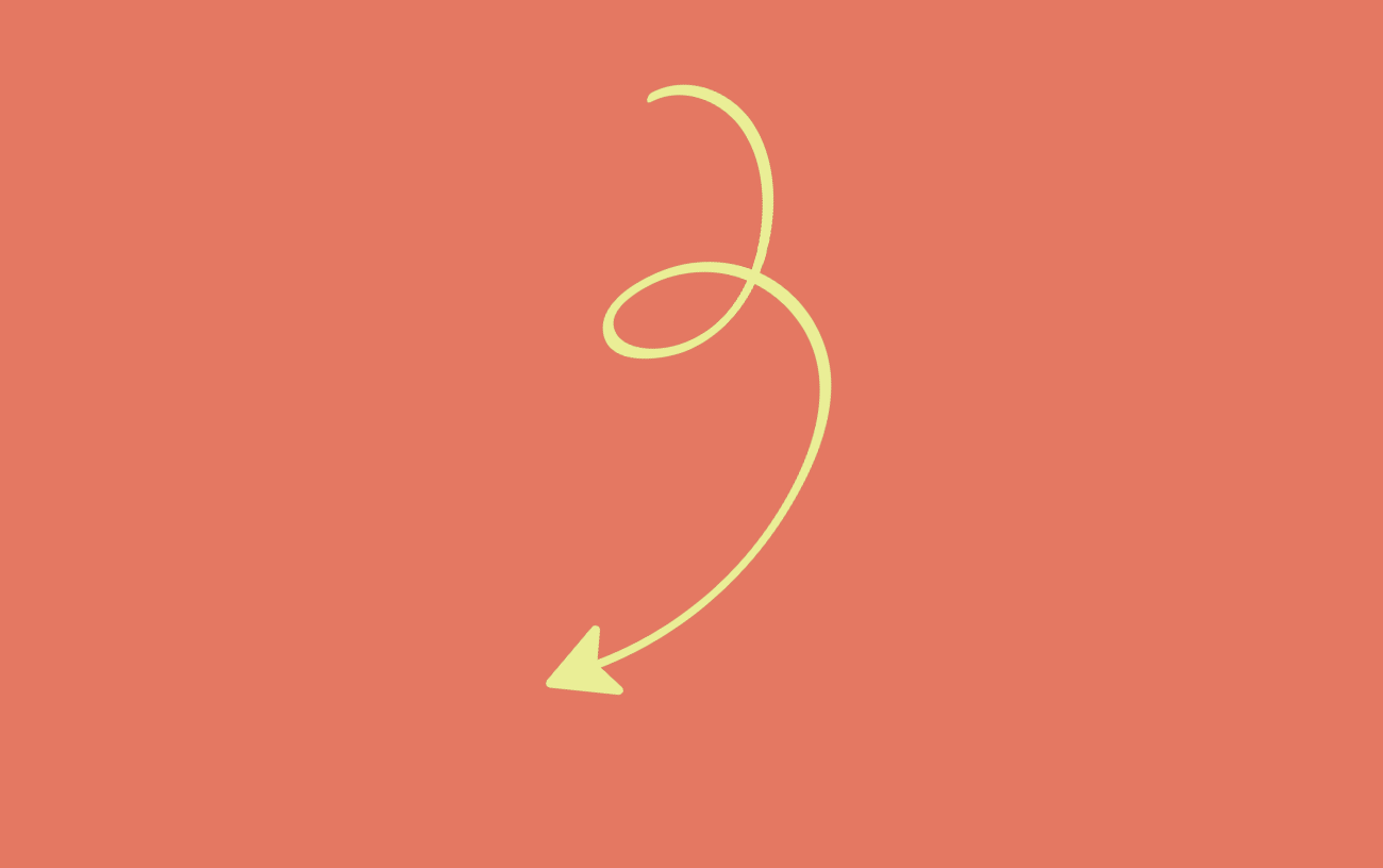 A yellow arrow doodle on a coral background, with a loop at the top and pointing downward.