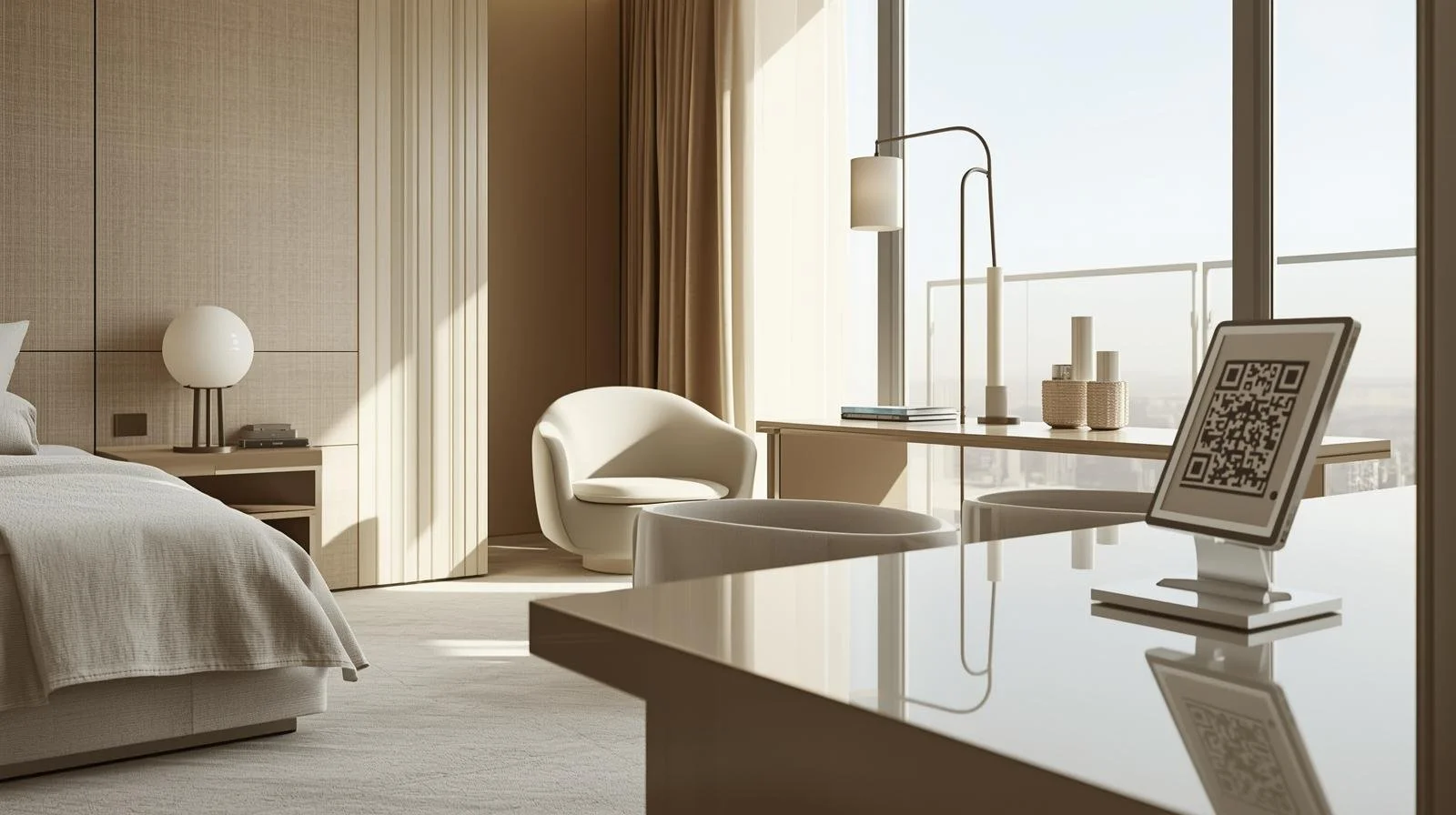 Minimal modern hotel room with natural light and QR code stand for digital guest communication