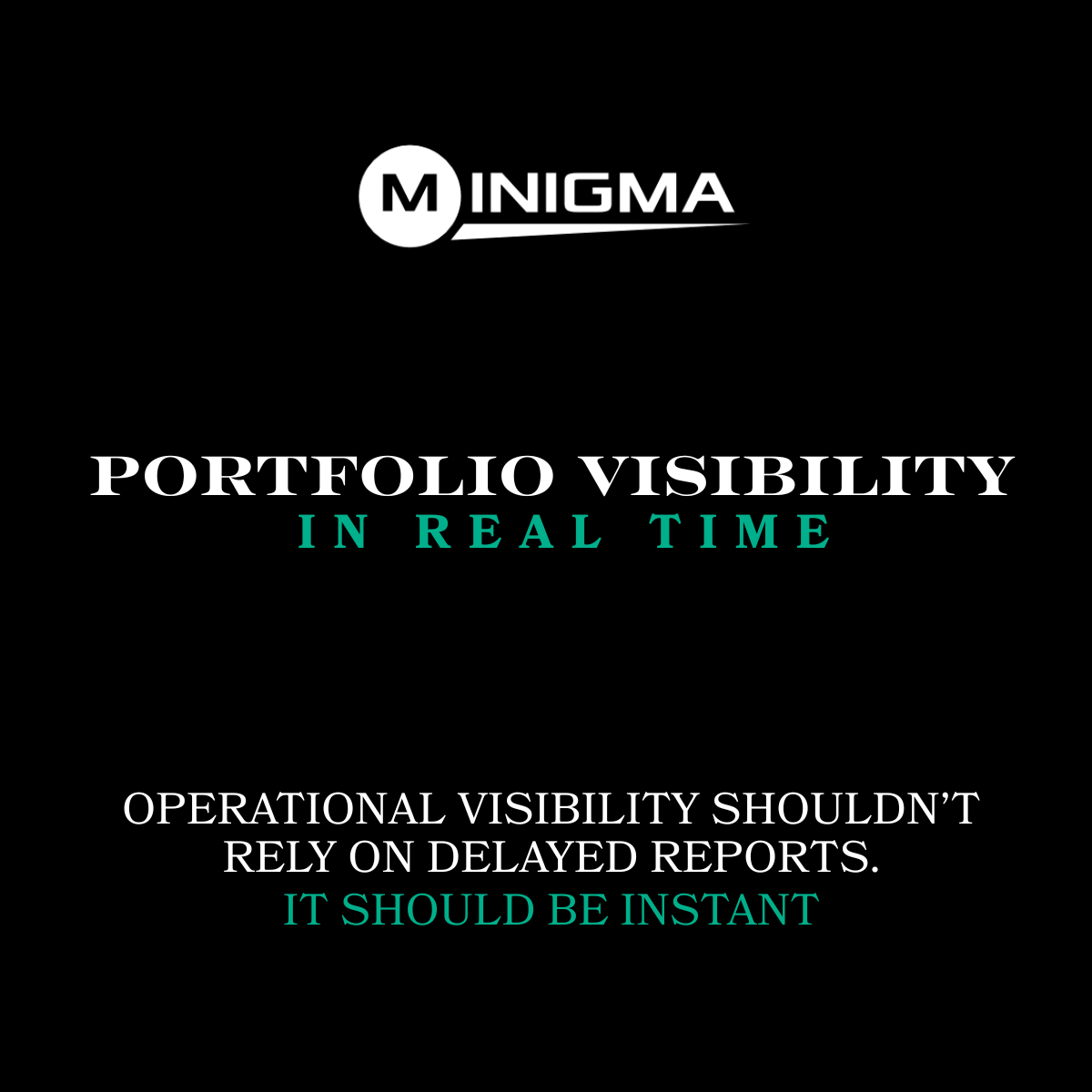 Real-time portfolio visibility graphic showing the Minigma logo with bold text emphasising instant operational insight for multi-site hospitality operators.