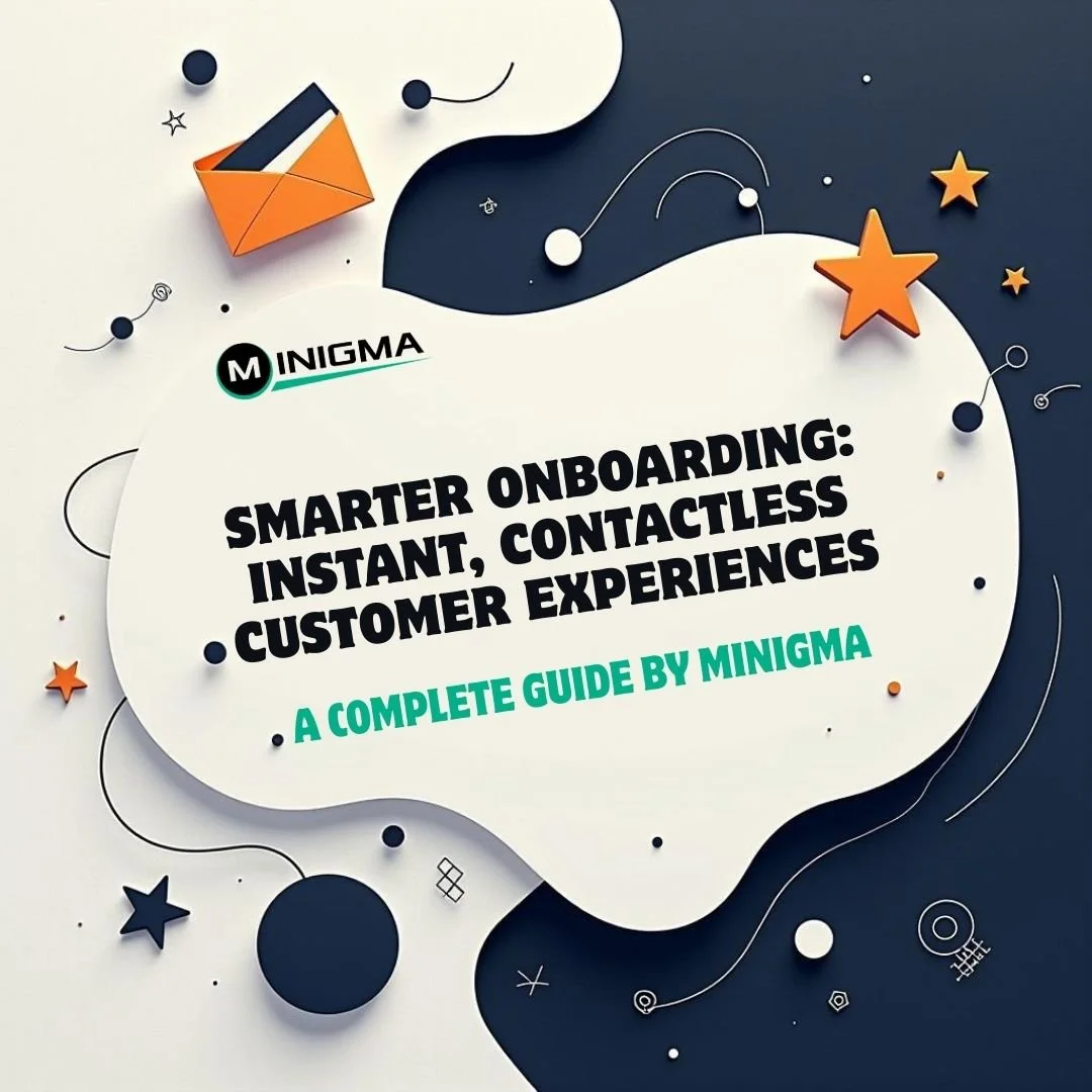 Minigma smart onboarding guide cover featuring modern abstract shapes and the title ‘Smarter Onboarding: Instant, Contactless Customer Experiences.