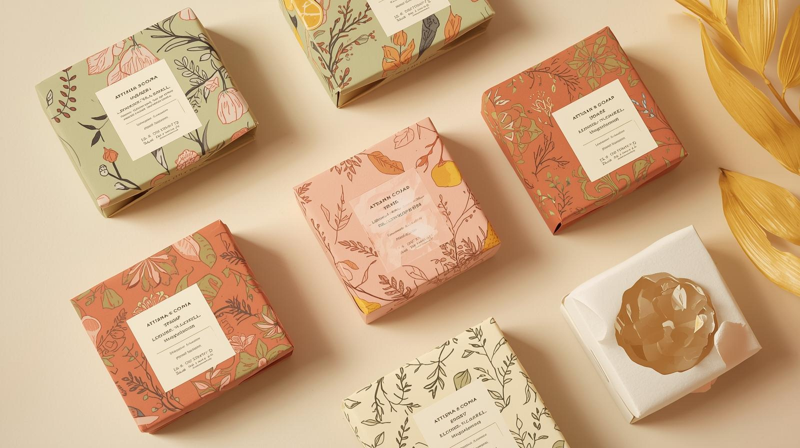 Artisanal soap packaging with botanical designs, representing smart packaging and digital product experience