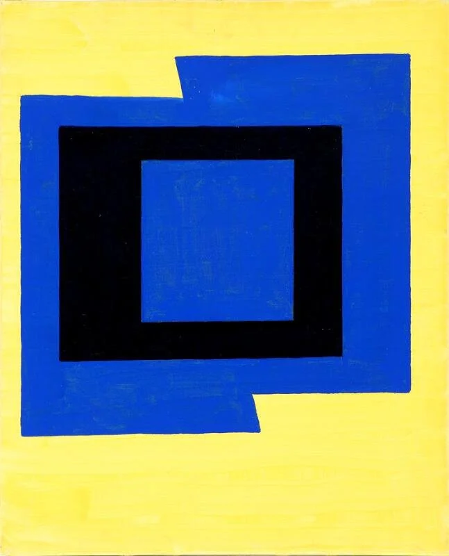 Abstract geometric artwork with overlapping squares in black, blue, and yellow colors.