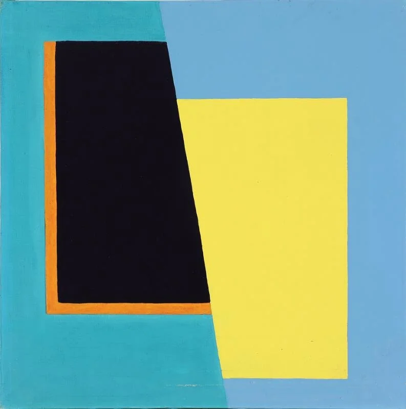 Abstract painting with a large black rectangle bordered in orange, a yellow rectangle overlapping the black, against a blue background. Ib Geertsen.
