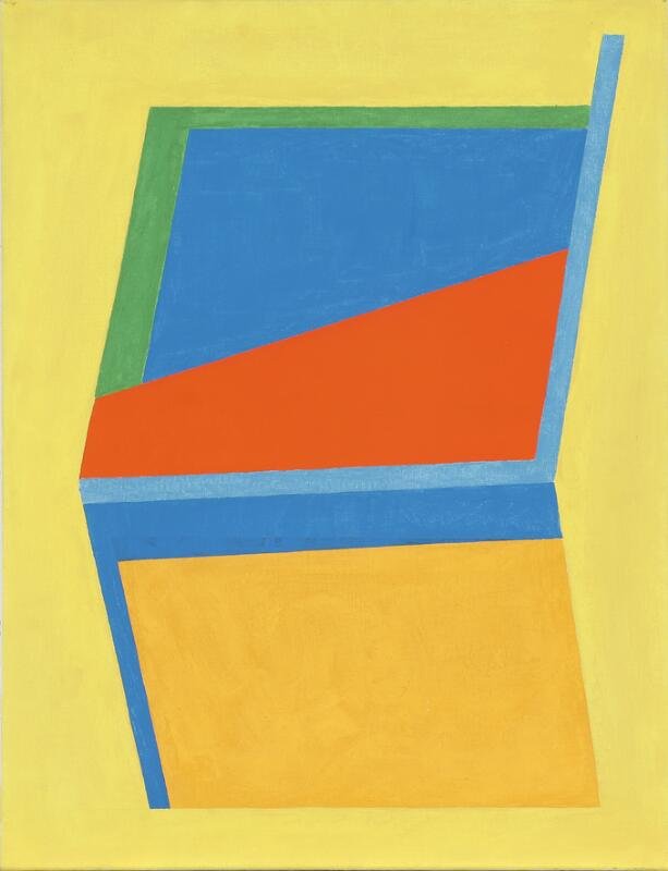 An abstract geometric painting with a yellow background, featuring a multicolored geometric shape with segments in blue, green, red, and orange. Ib Geertsen.