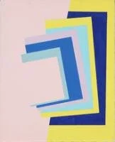 Abstract geometric shapes in blue, yellow, and light blue on a light background. Ib Geertsen.