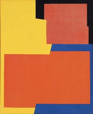 Abstract artwork with overlapping squares and rectangles in yellow, black, coral, red, and blue. Ib Geertsen.