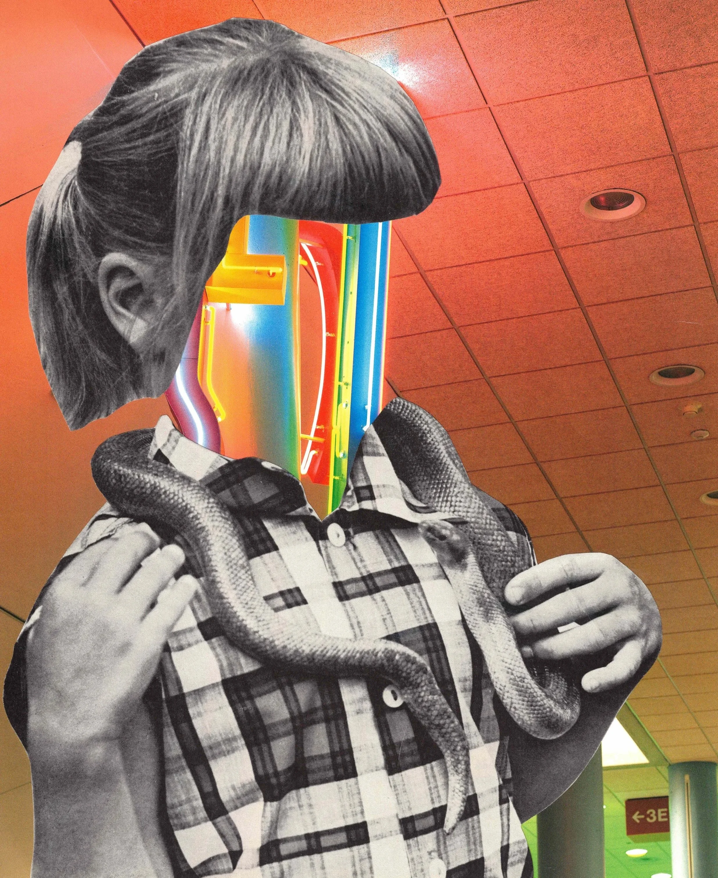 Black and white cutout of a girl with long hair, wearing a plaid shirt, holding a snake around her shoulders in front of a colorful neon sign against a ceiling with orange tiles.
