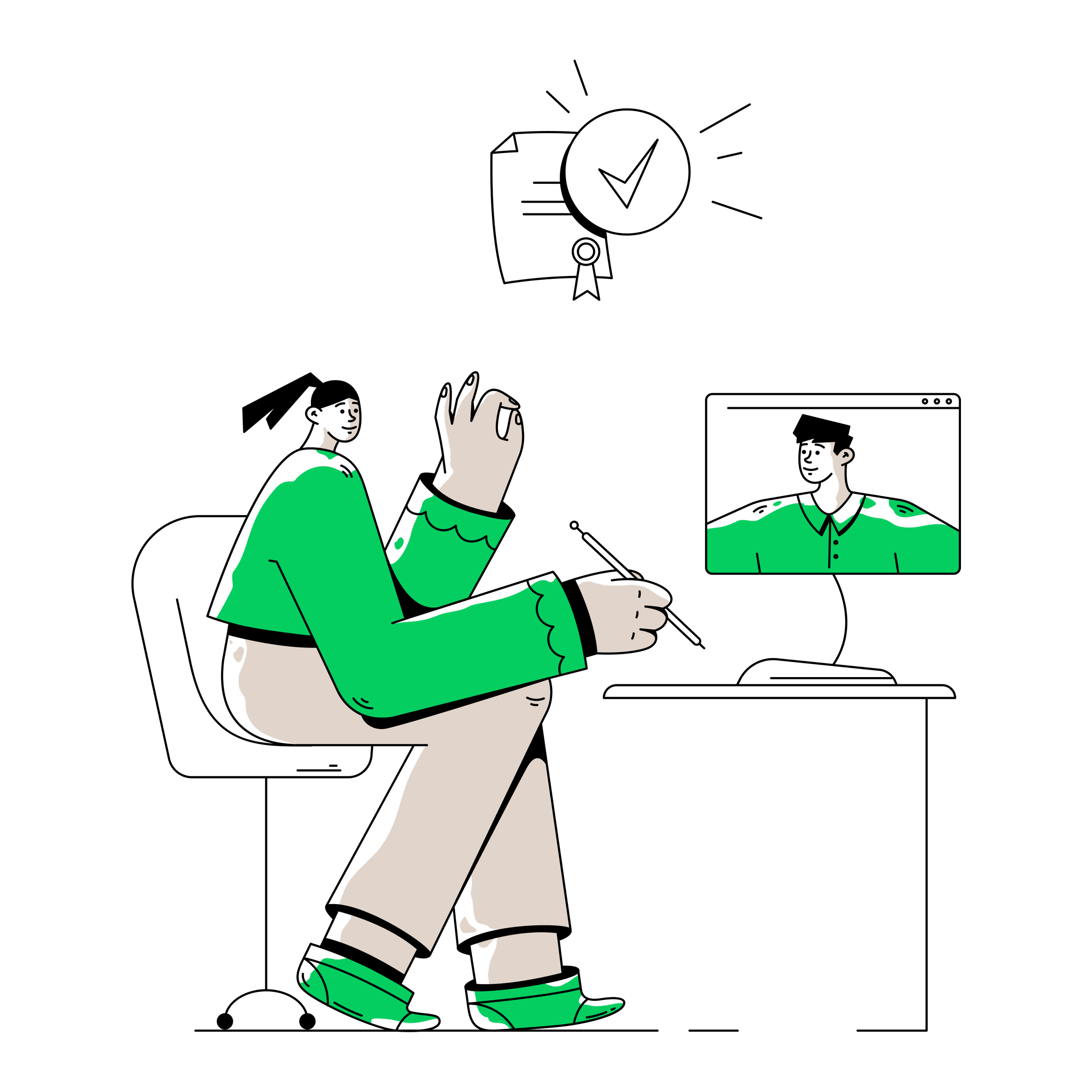 A comic-style illustration of a person with short hair, sitting cross-legged, wearing beige pants and green shoes, and talking to a person projected on a screen in a dark room.