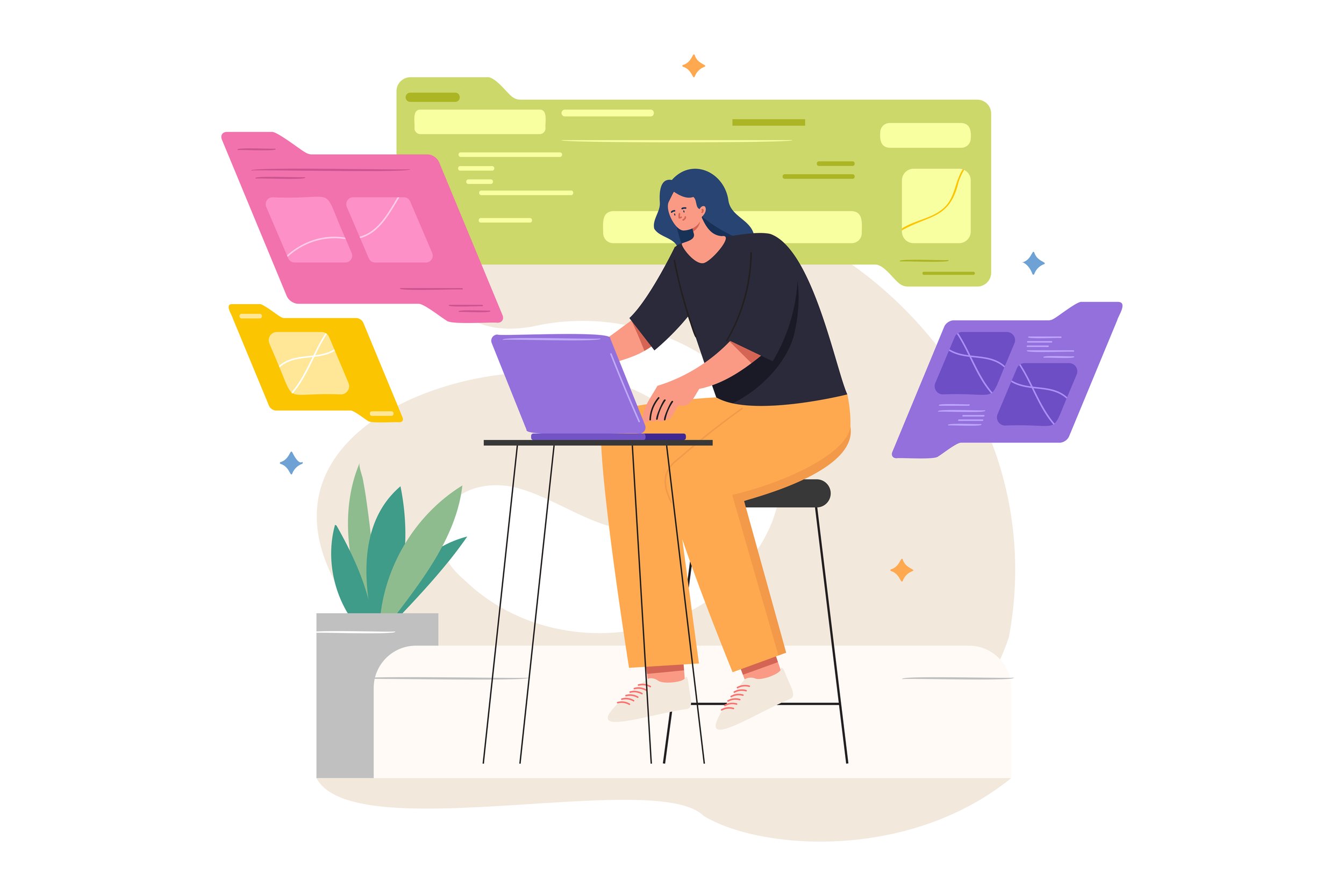An illustration of a woman sitting on a stool using a laptop, surrounded by floating colorful digital windows, with a potted plant nearby.