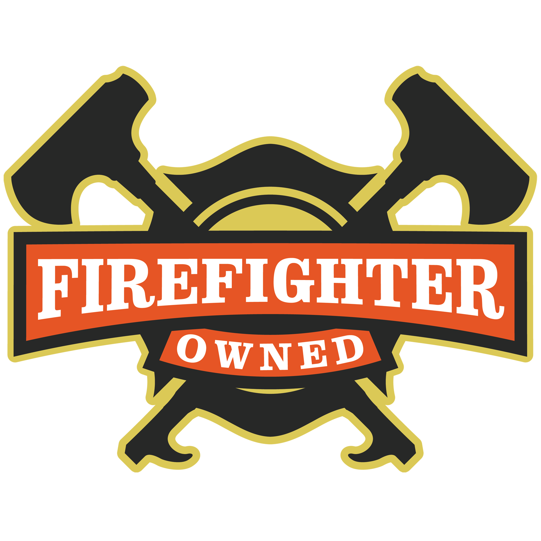 Firefighter symbol with crossed axes and a badge reading 'Firefighter Owned' on a yellow background.