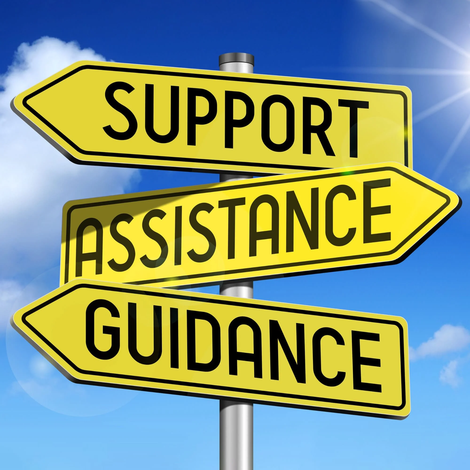 Yellow directional signs with black text pointing to support, assistance, and guidance against a blue sky background.