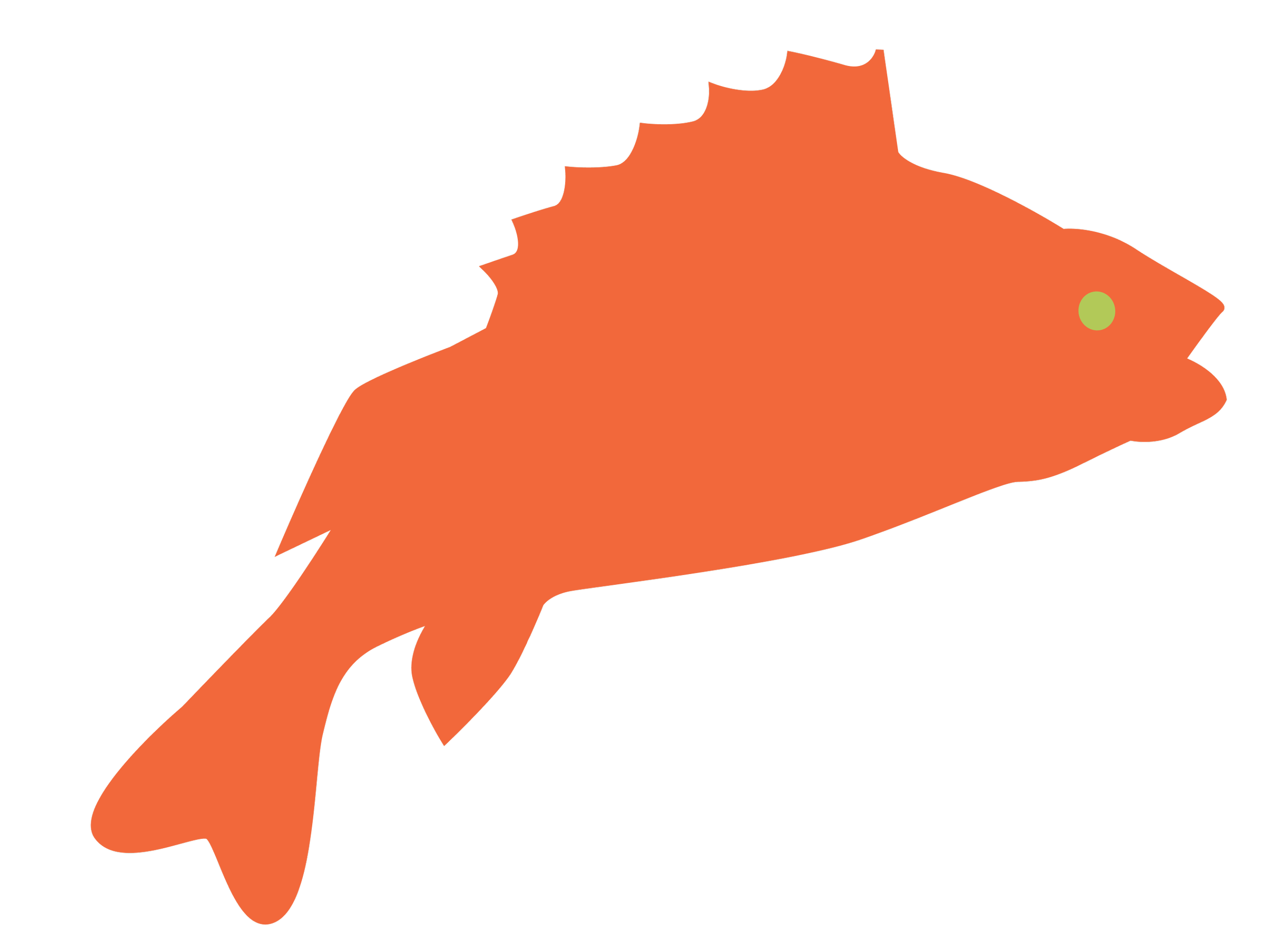 A simplified illustration of a fish with an orange body and a green eye.