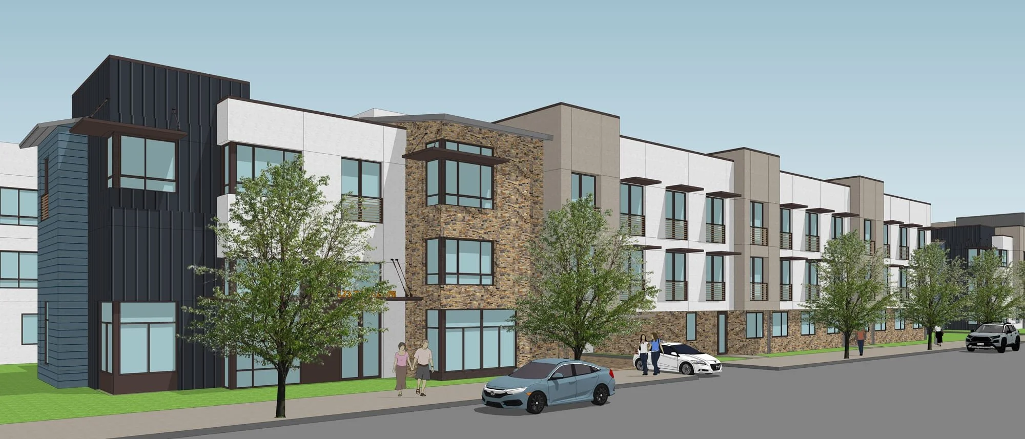 Rendering of a modern multi-story apartment building with large windows, trees lining the sidewalk, and parked cars. Several people are walking or standing on the sidewalk.