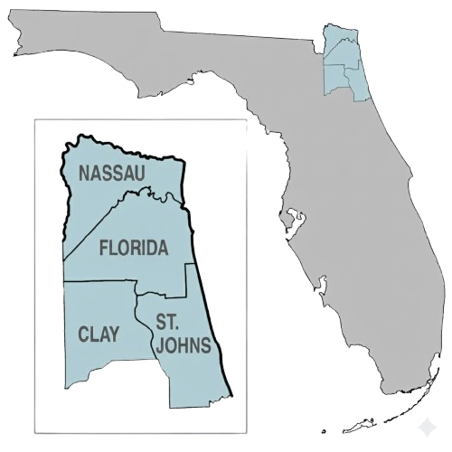 Map showing the location of Nassau, Florida, Clay, and St. Johns counties in Florida.