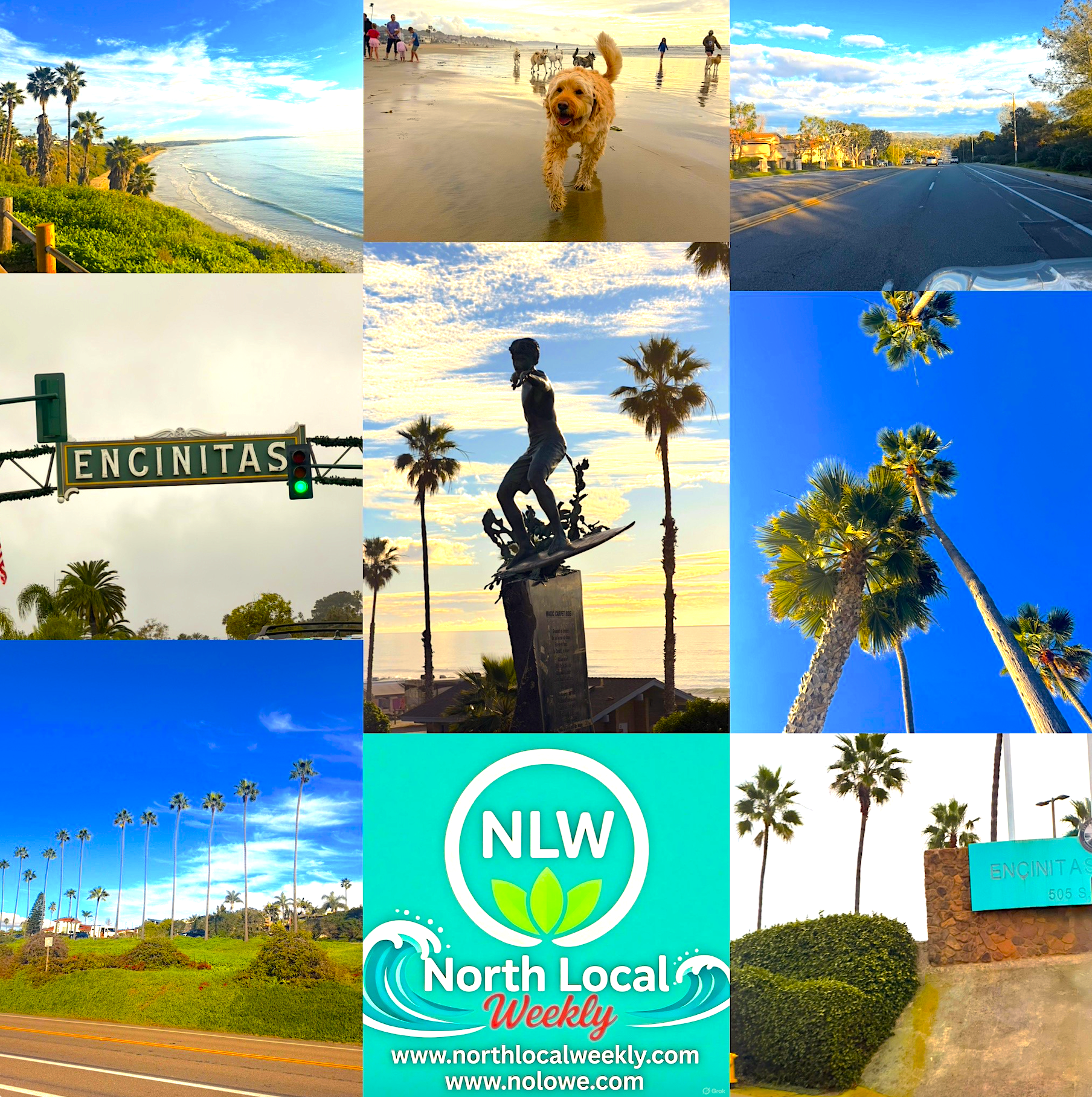 A collage of images from Encinitas, California, including beaches, palm trees, a dog on the beach, a street view, a traffic light, a statue of a skateboarder, and a logo for North Local Weekly.