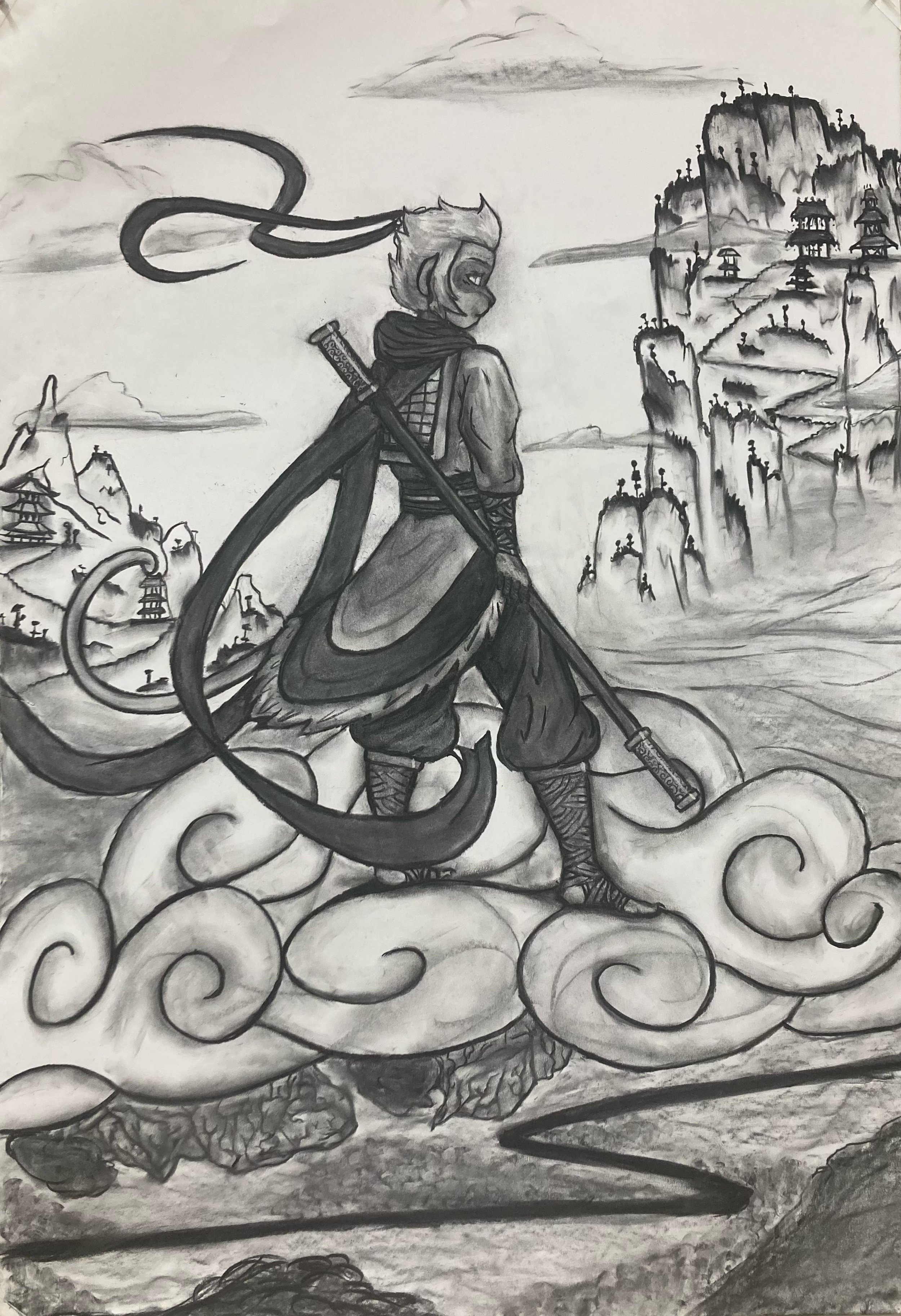 Sun Wukong, The Monkey King: Compressed Vine Charcoal on Paper. 22" x 33"
