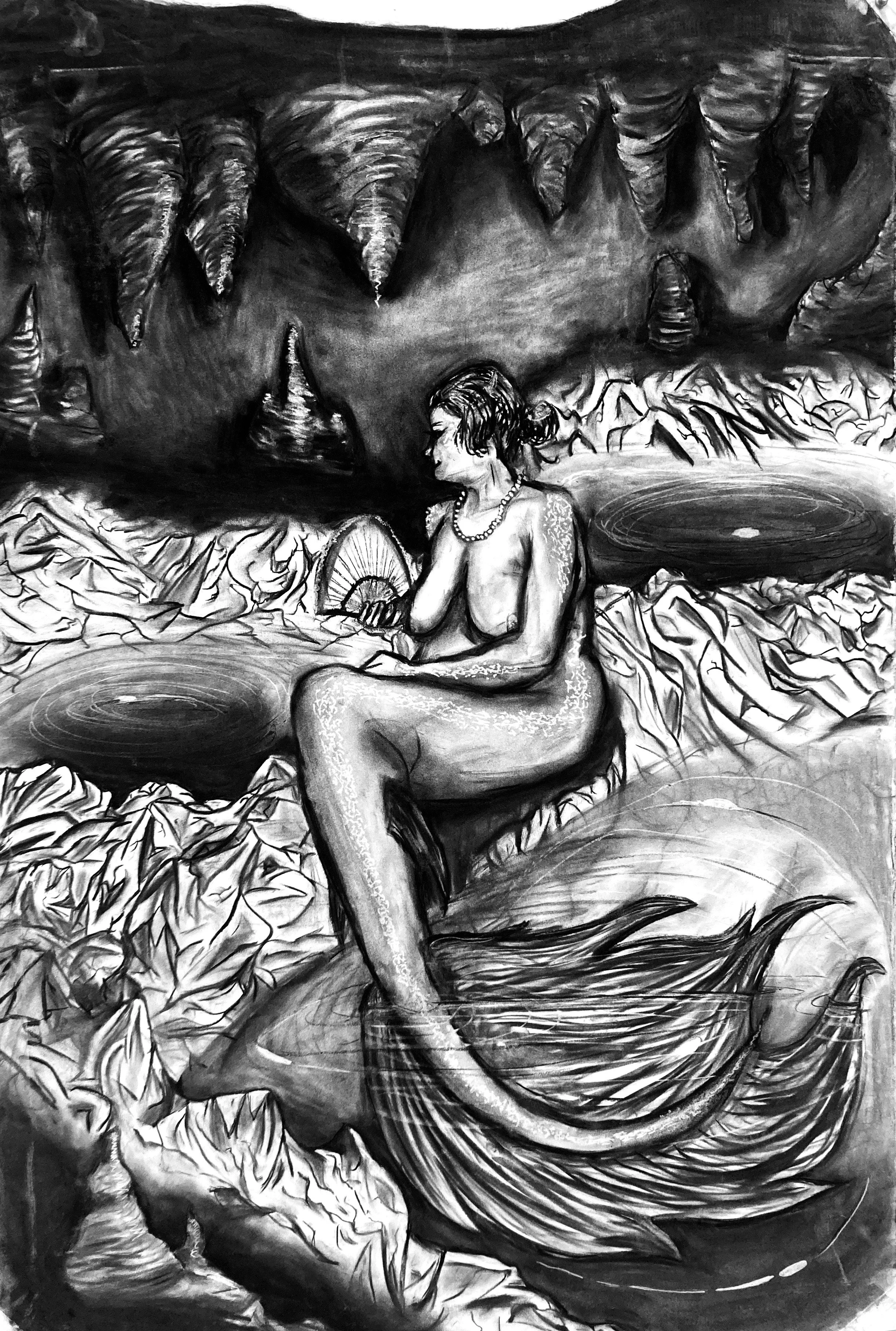 Mermaid in a Cave: Compressed Vine Charcoal on Paper. 32" x 45"
