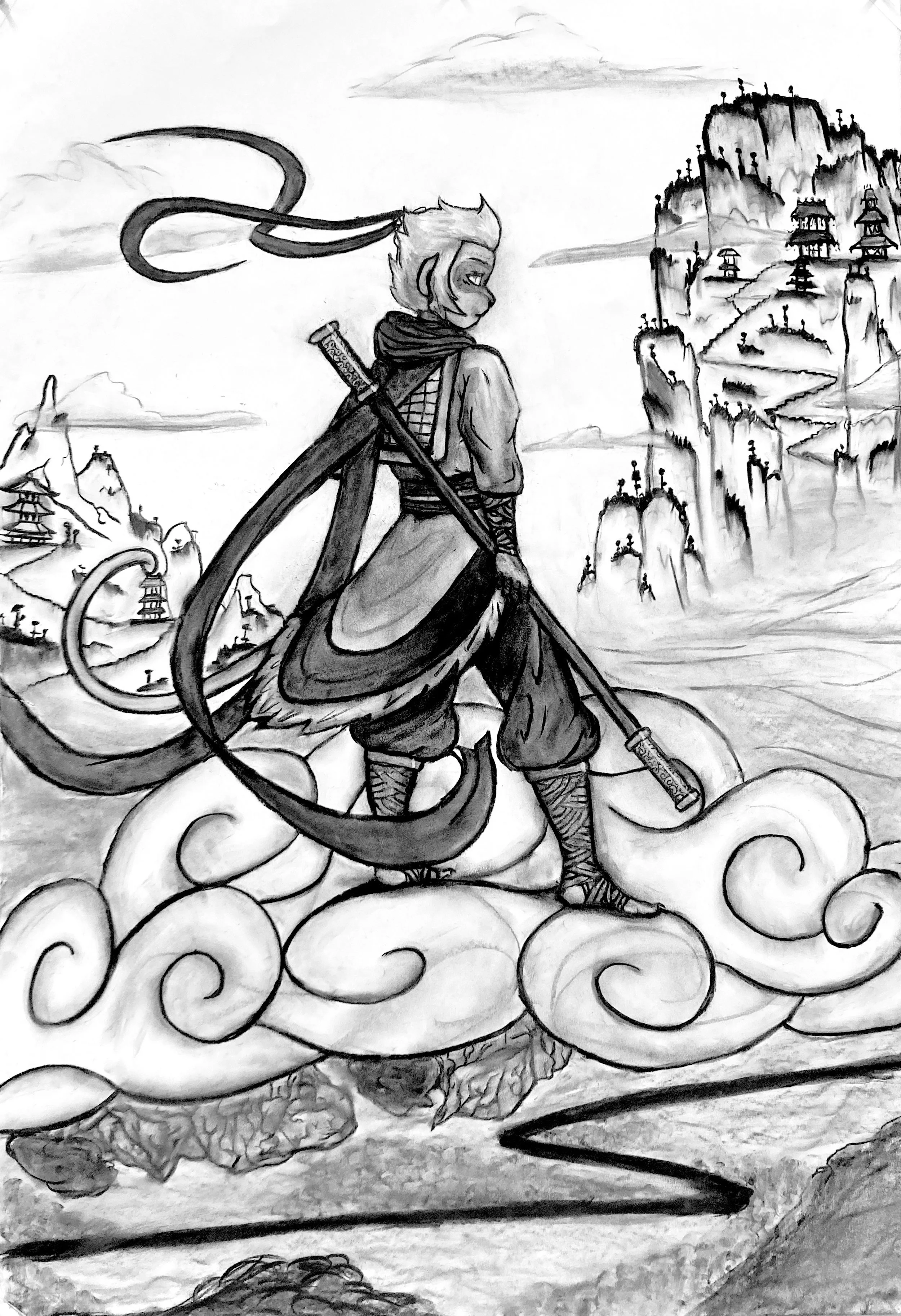 Sun Wukong, The Monkey King: Compressed Vine Charcoal on Paper. 32" x 45"