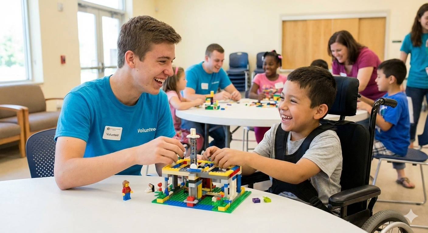 Ein junger Mann mit einem blauen Volunteer-Shirt spielt mit einem jungen Jungen im Rollstuhl mit LEGO-Steinen in einem Gemeinschaftsraum.