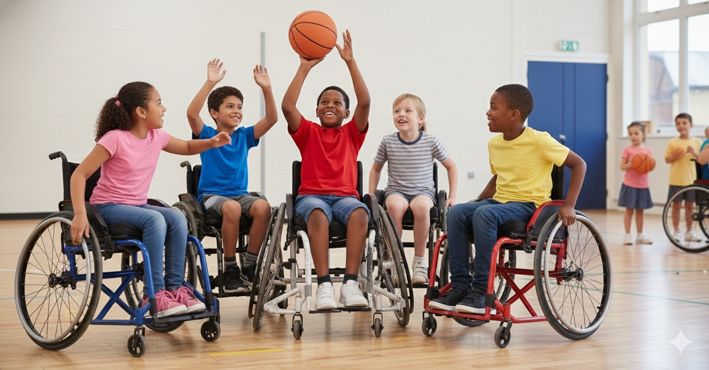 Kinder im Rollstuhl spielen Basketball in einer Turnhalle.