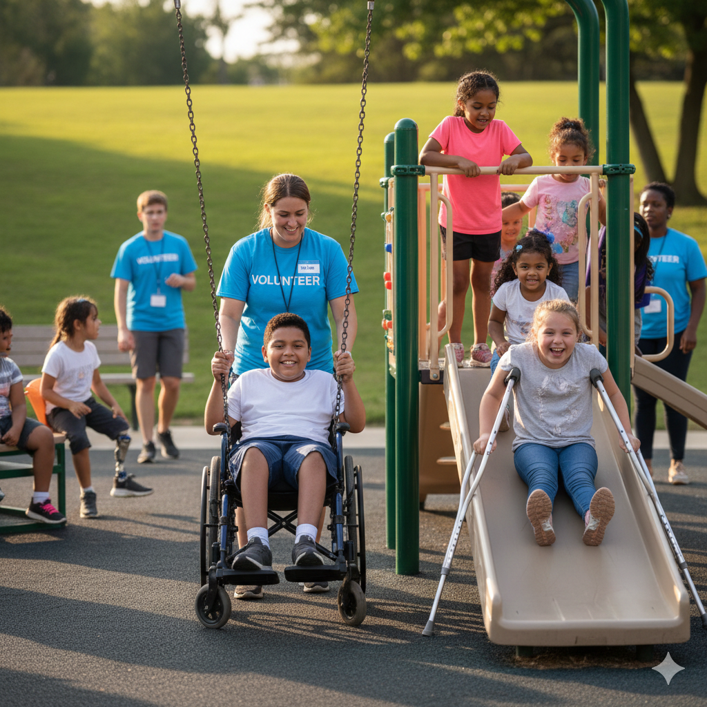 Kinder spielen auf einem Spielplatz, einige sitzen auf einer Bank, während andere die Rutsche und die Schaukel benutzen. Zwei Betreuer mit blauen T-Shirts, die Werbung sind, helfen den Kindern, darunter ein Junge im Rollstuhl und ein Mädchen, das die