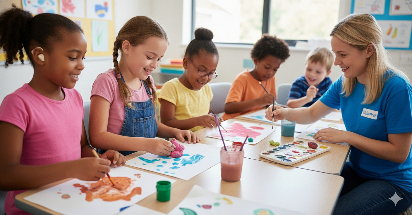 Kinder und eine Betreuerin beim Malen mit Wasserfarben im Vorschulalter in einem Klassenzimmer.