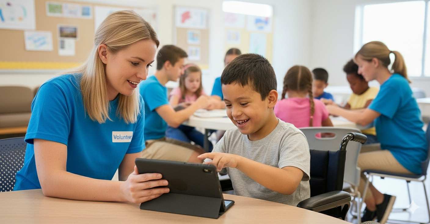 Eine junge weibliche Freiwillige zeigt einem Jungen in einem Rollstuhl ein Tablet in einem Lernraum, umgeben von anderen Kindern und Erwachsenen.