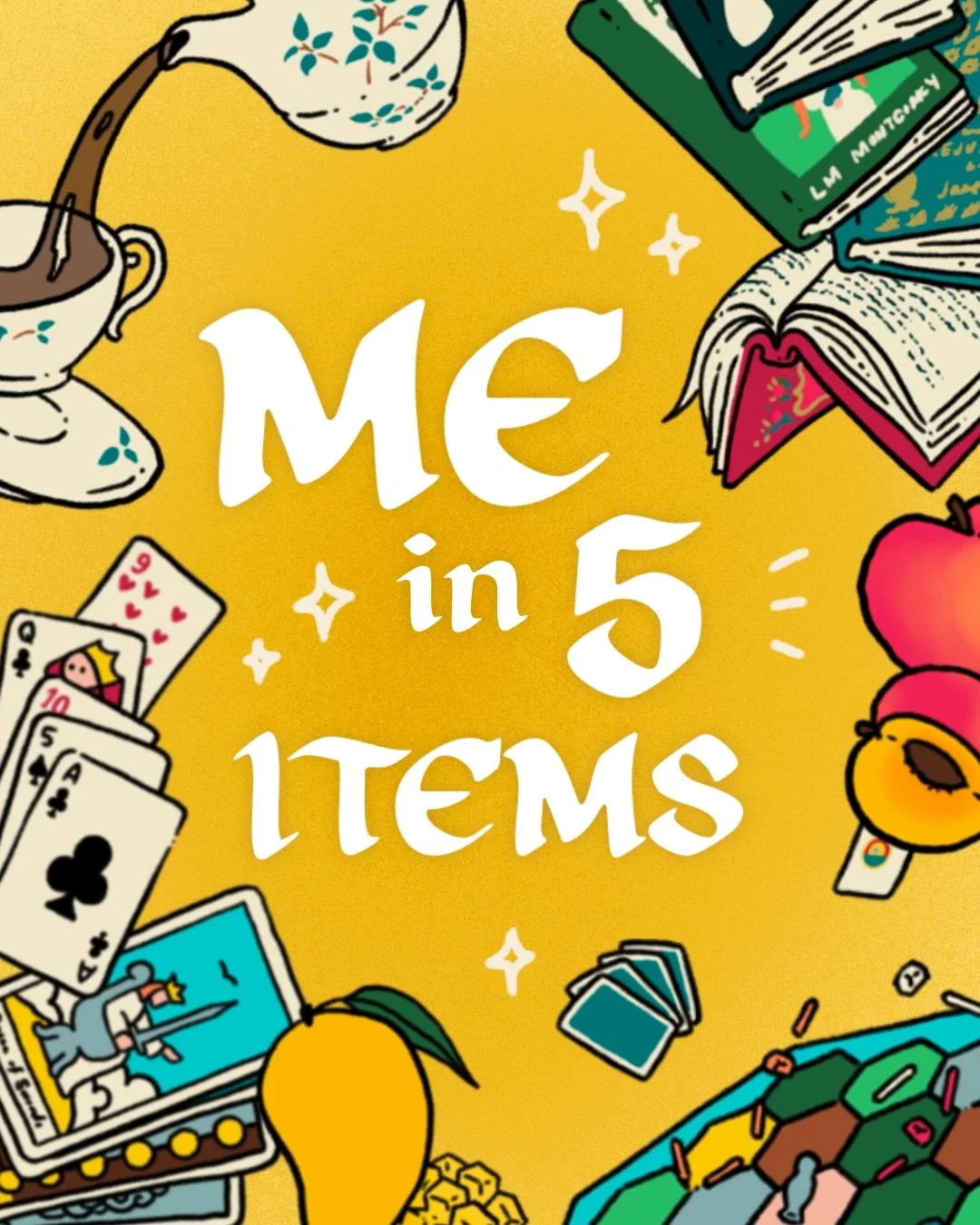 if you had to describe yourself in 5 items, what would they be? 🥭🫖🃏📚🎲

been wanting to post these illustrations for a while!! but finally pushed to do it by necessity&hellip;you can tell I&rsquo;m really struggling with this challenge when I sta