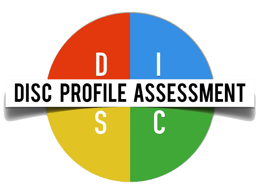A circular chart divided into four colored sections labeled D, I, S, and C, with a banner reading 'DISC PROFILE ASSESSMENT' across the middle.