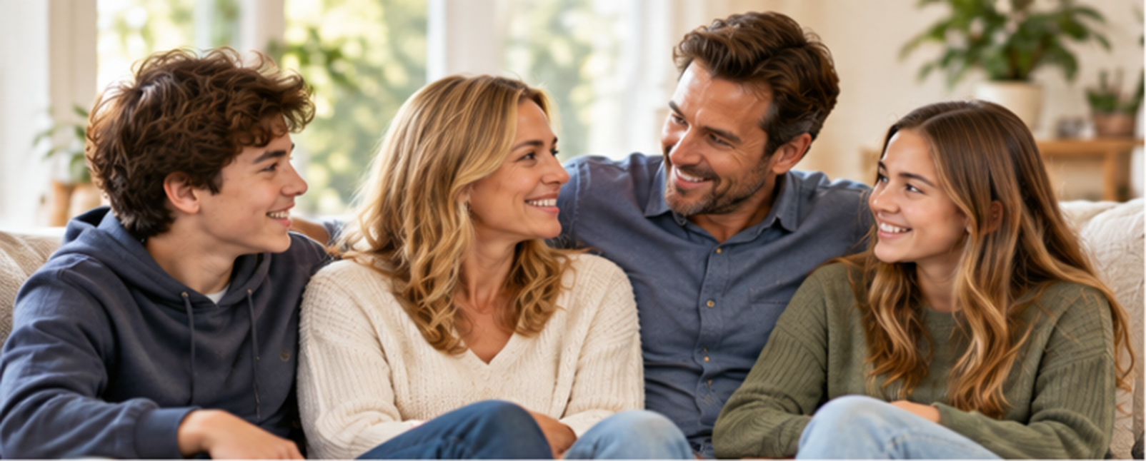 A happy family sitting on a couch, smiling and looking at each other in a bright living room.