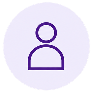 Generic user icon with a purple outline on a light gray background.