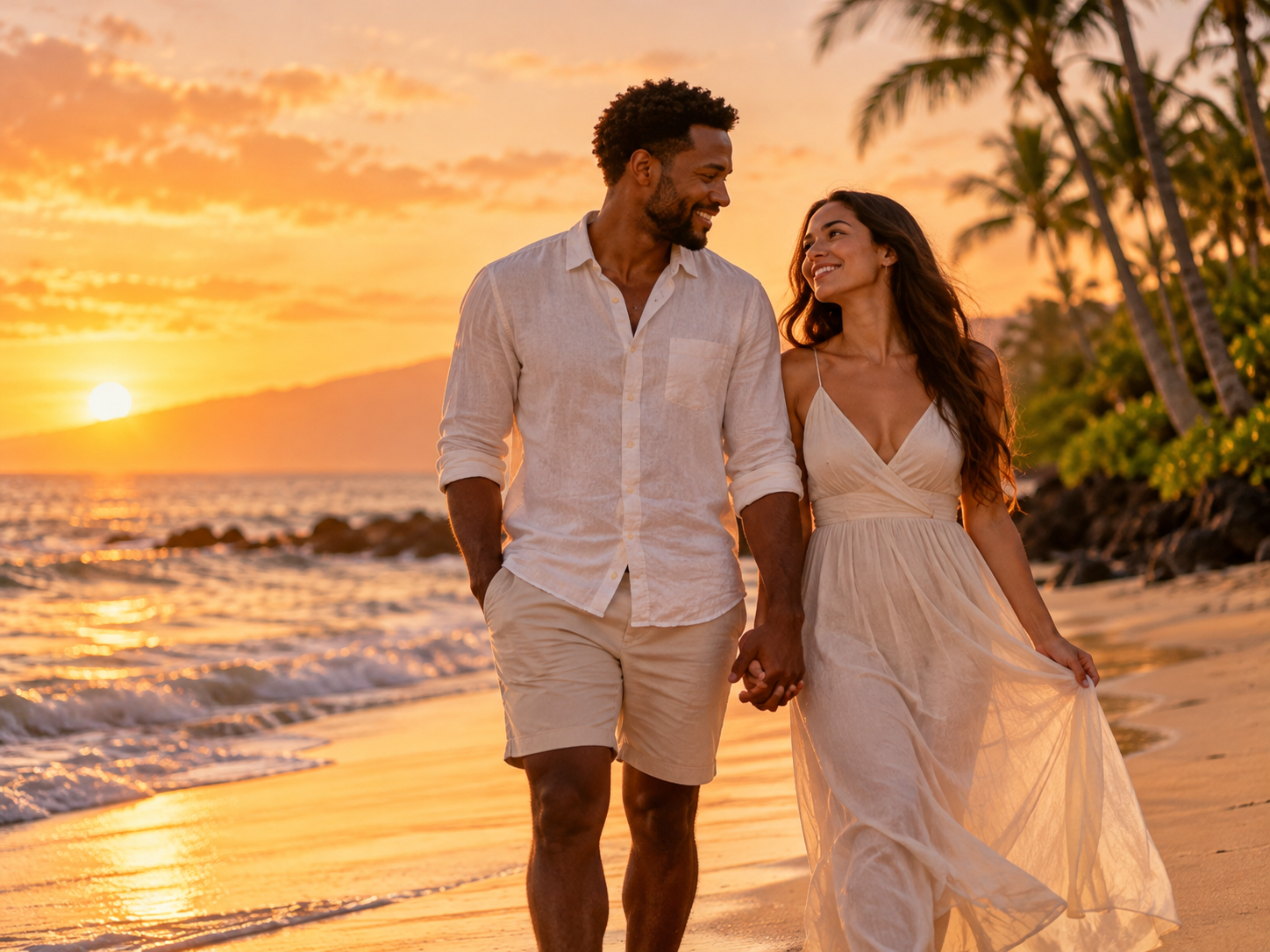 A couple walking hand in hand on a beach during sunset