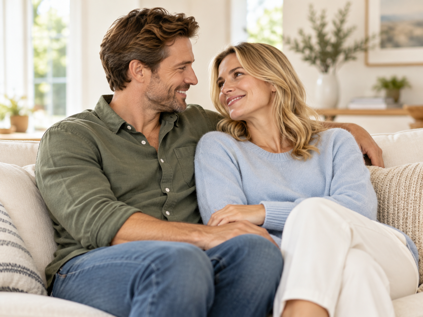 A couple on a beige sofa smiling