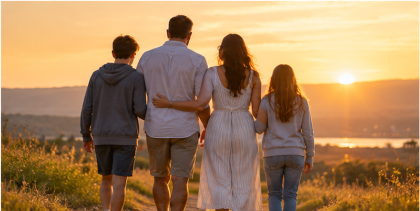 A family walking together during sunset