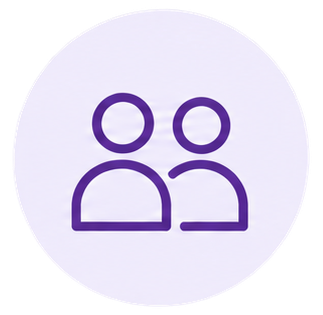 Icon of two purple outline human figures side by side on a white circular background.