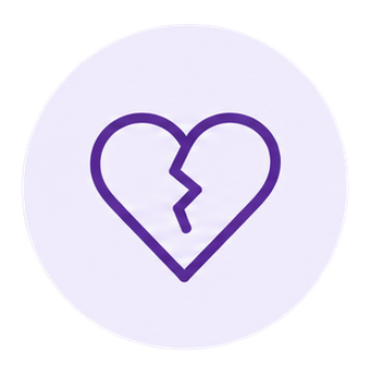 A purple broken heart icon inside a white circular background.