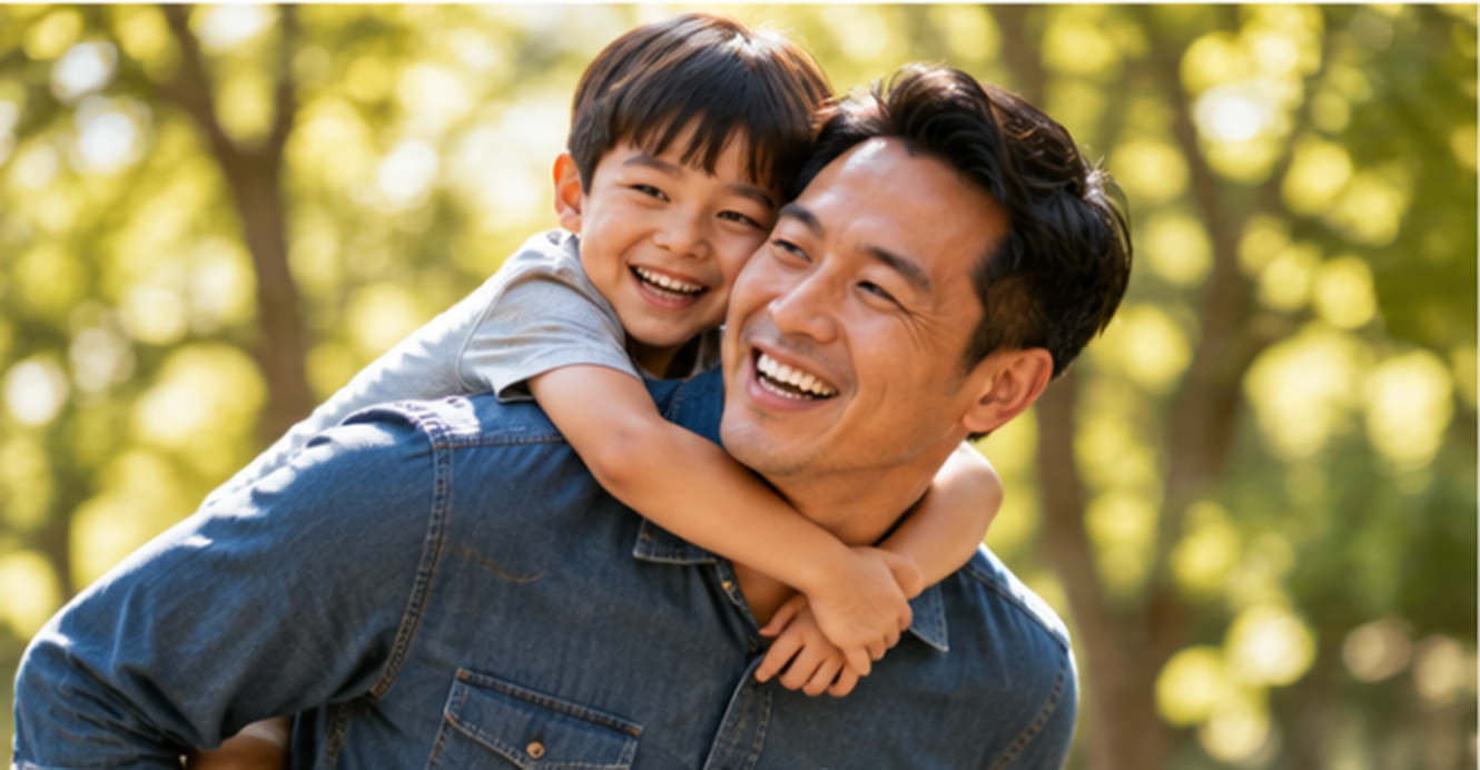 A smiling man giving a piggyback ride to a boy