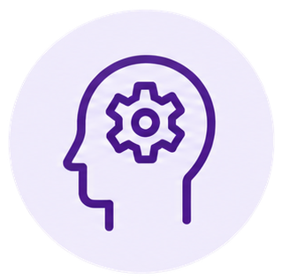 Outline of a human head with a gear inside, representing thinking or cognition.