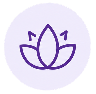 A simple purple outline of a lotus flower on a white circular background.
