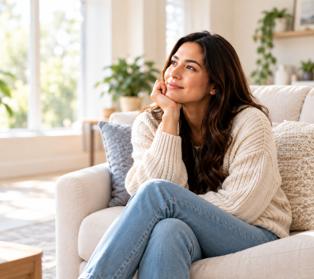 Happy and contented woman on chair.