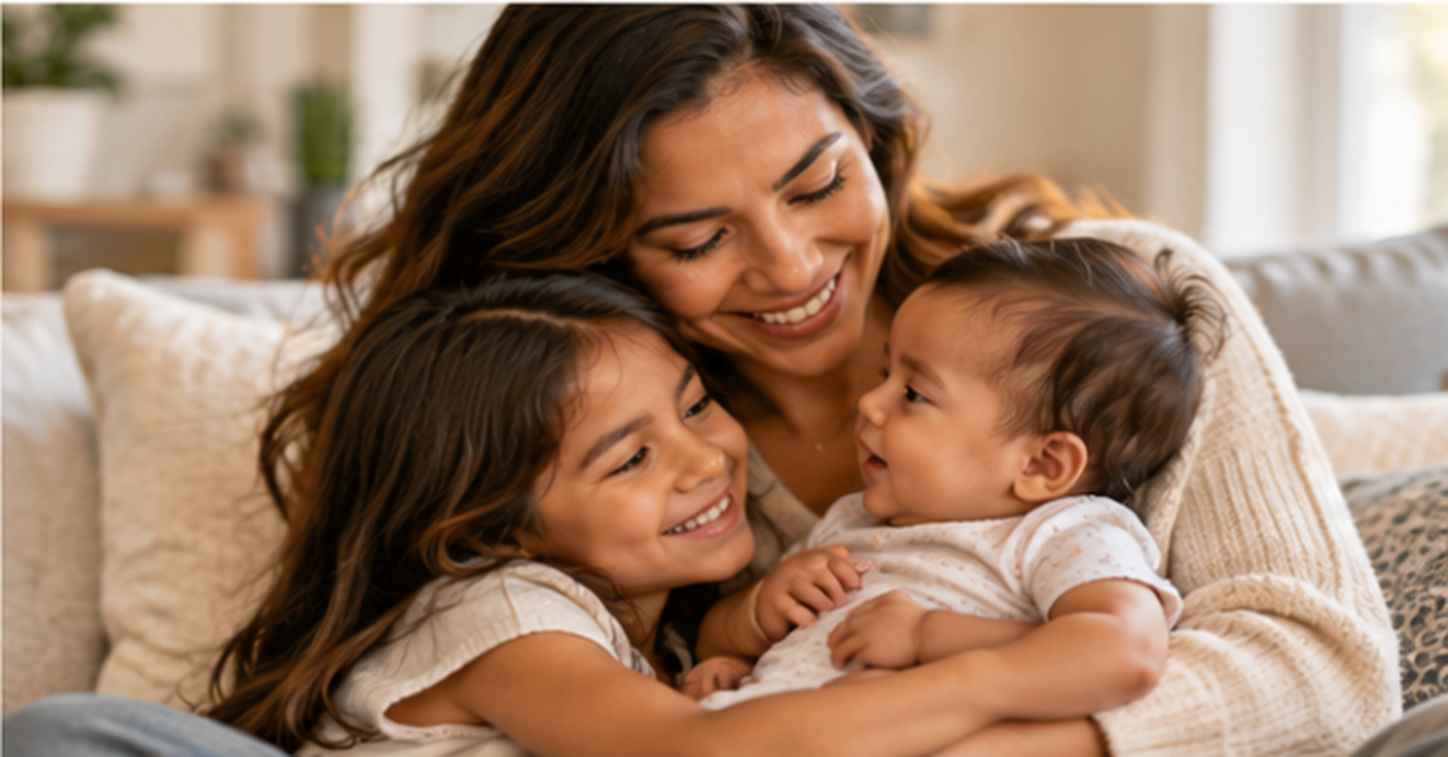 A happy woman with two young children
