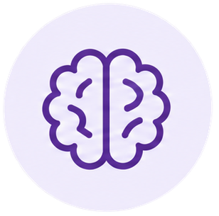 Icon of a stylized human brain outlined in purple on a light background.