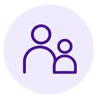 Icon of two stylized people, one larger and one smaller, on a light purple background.