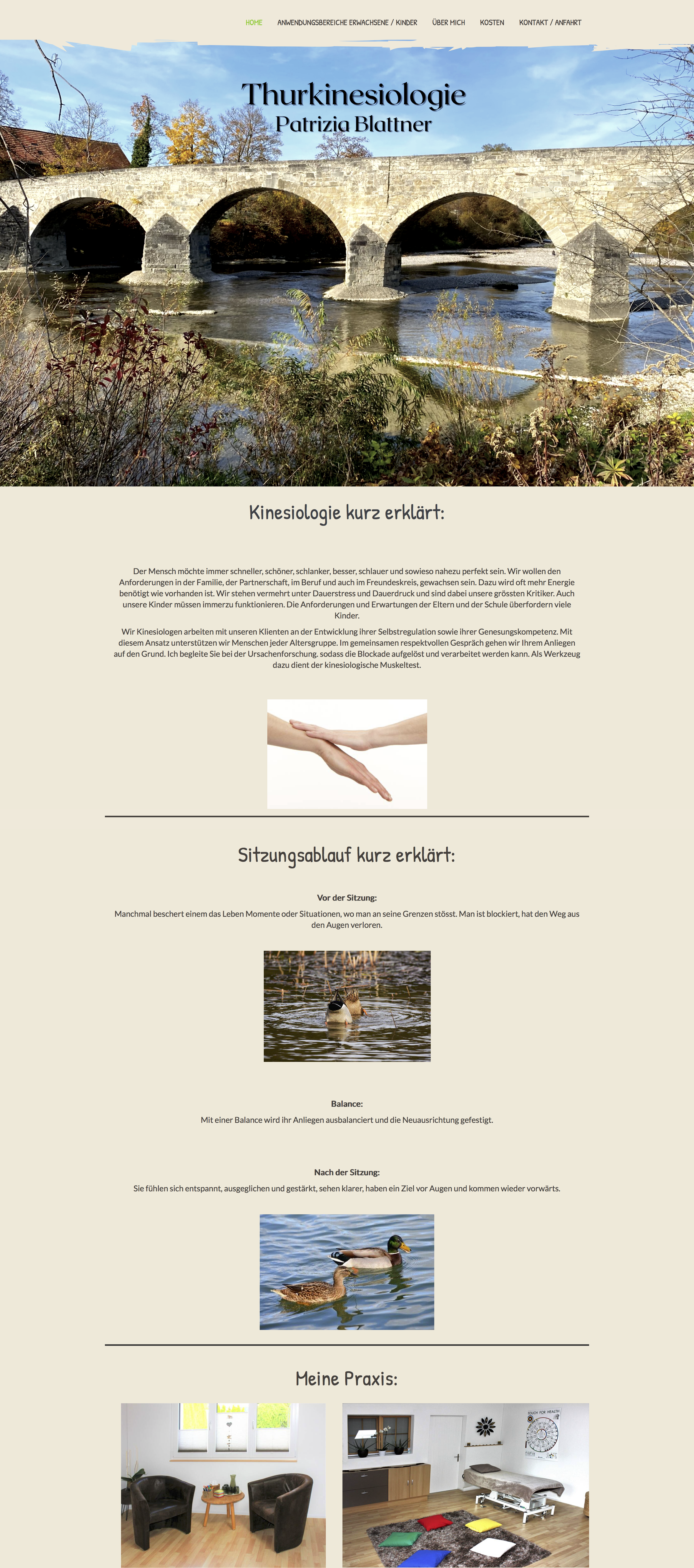 Webseite über Thurkinesiologie bevor Serinamedia sie geändert hat. Man sieht einem Bild einer alten Steinbrücke über einen Fluss, darunter Textabschnitte und Bilder von Enten im Wasser sowie Praxisräume mit Stühlen und Behandlungsraum.