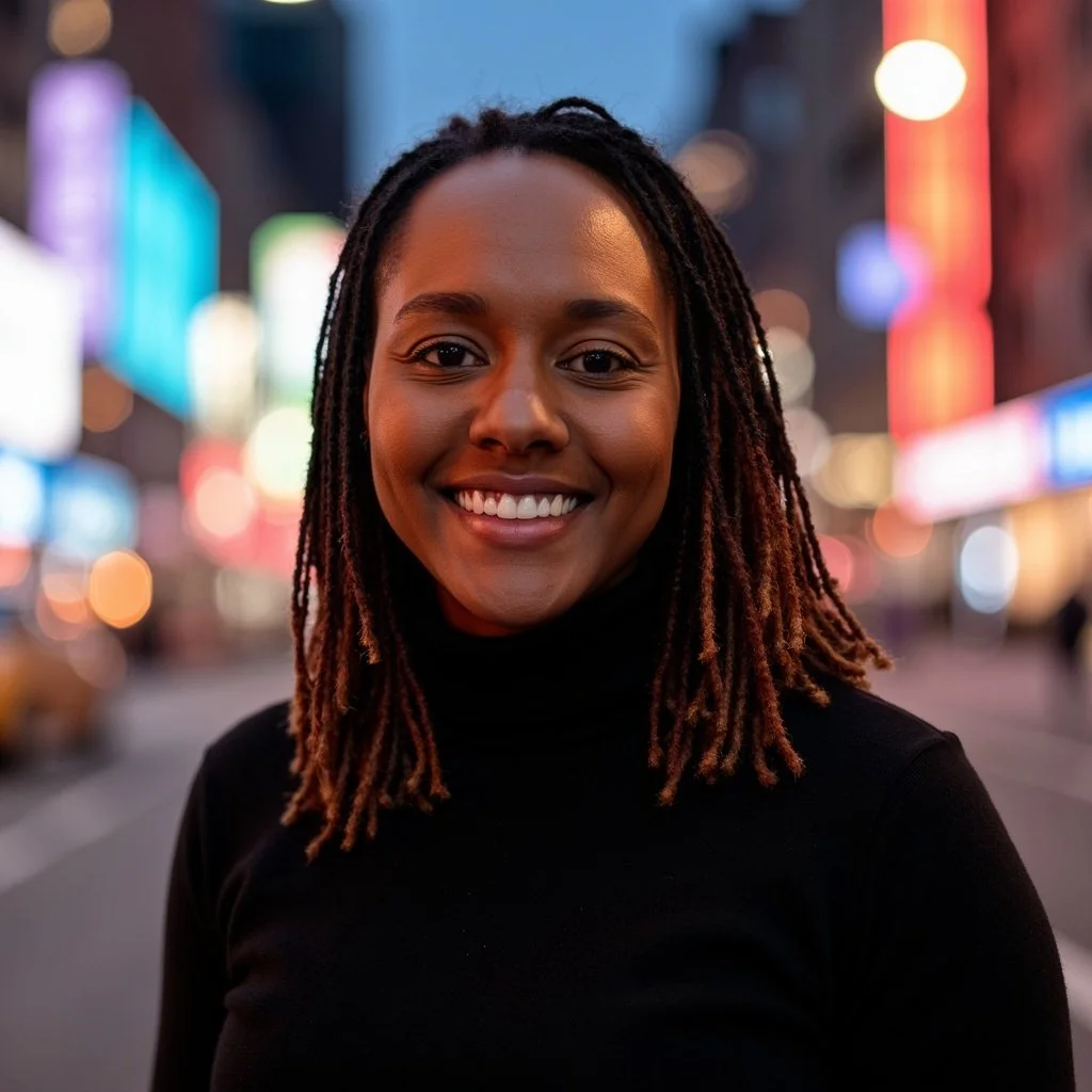 A smiling woman with braided hair standing on a city street at night with colorful blurred lights in the background.