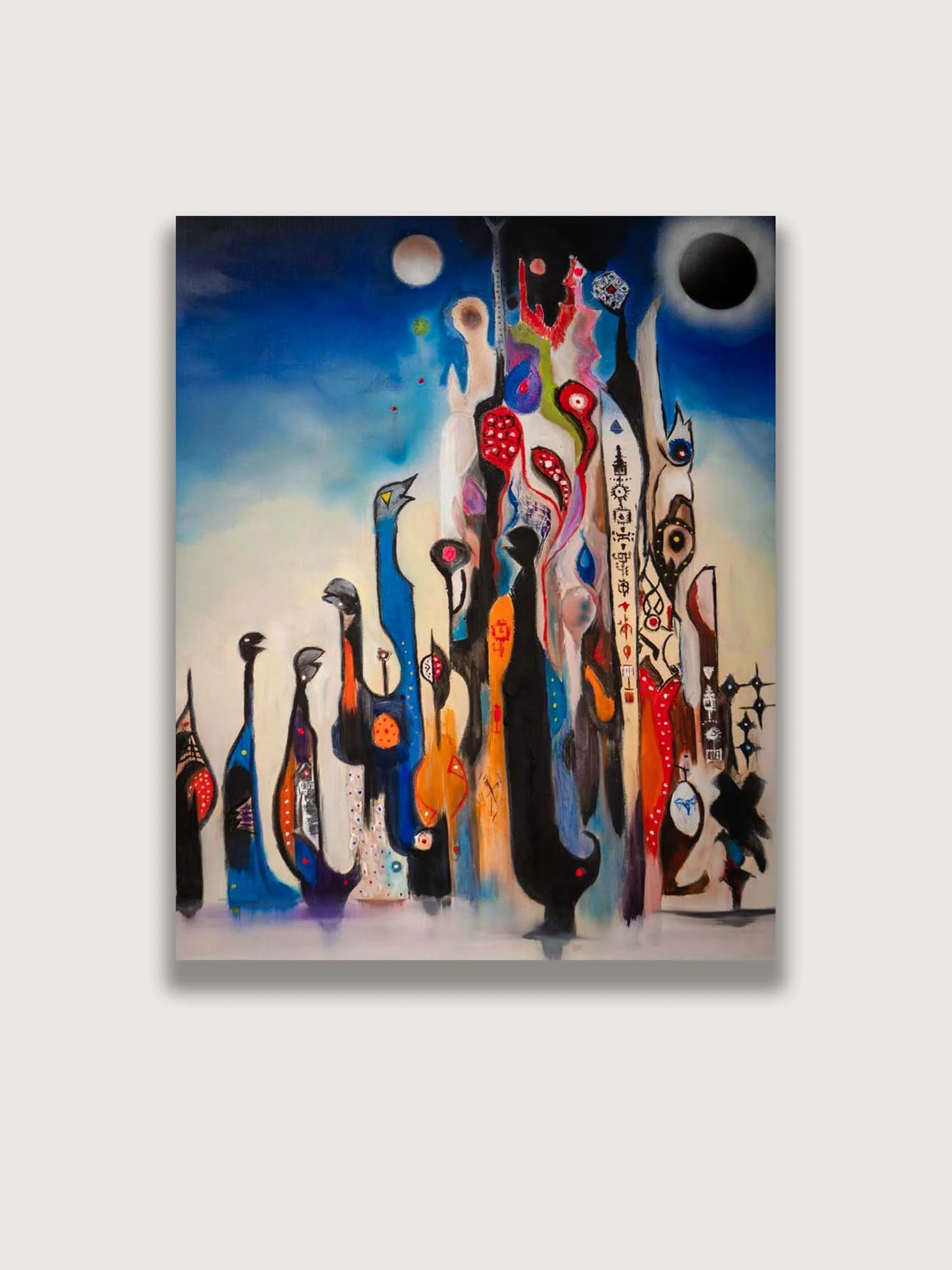Abstract oil painting of tall symbolic figures gathered beneath celestial bodies, combining surrealism, totemic imagery, and vibrant colors to explore themes of connection, ritual, and human experience.