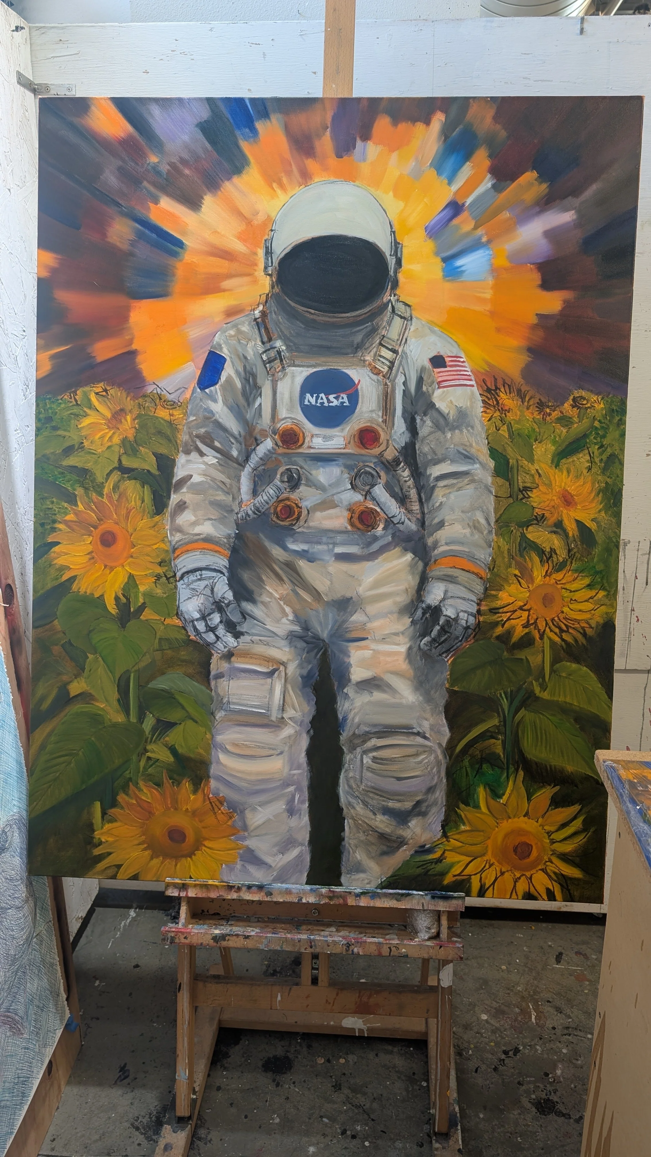 An oil painting of an astronaut standing in a field of sunflowers, with a vibrant, colorful explosion-like background.
