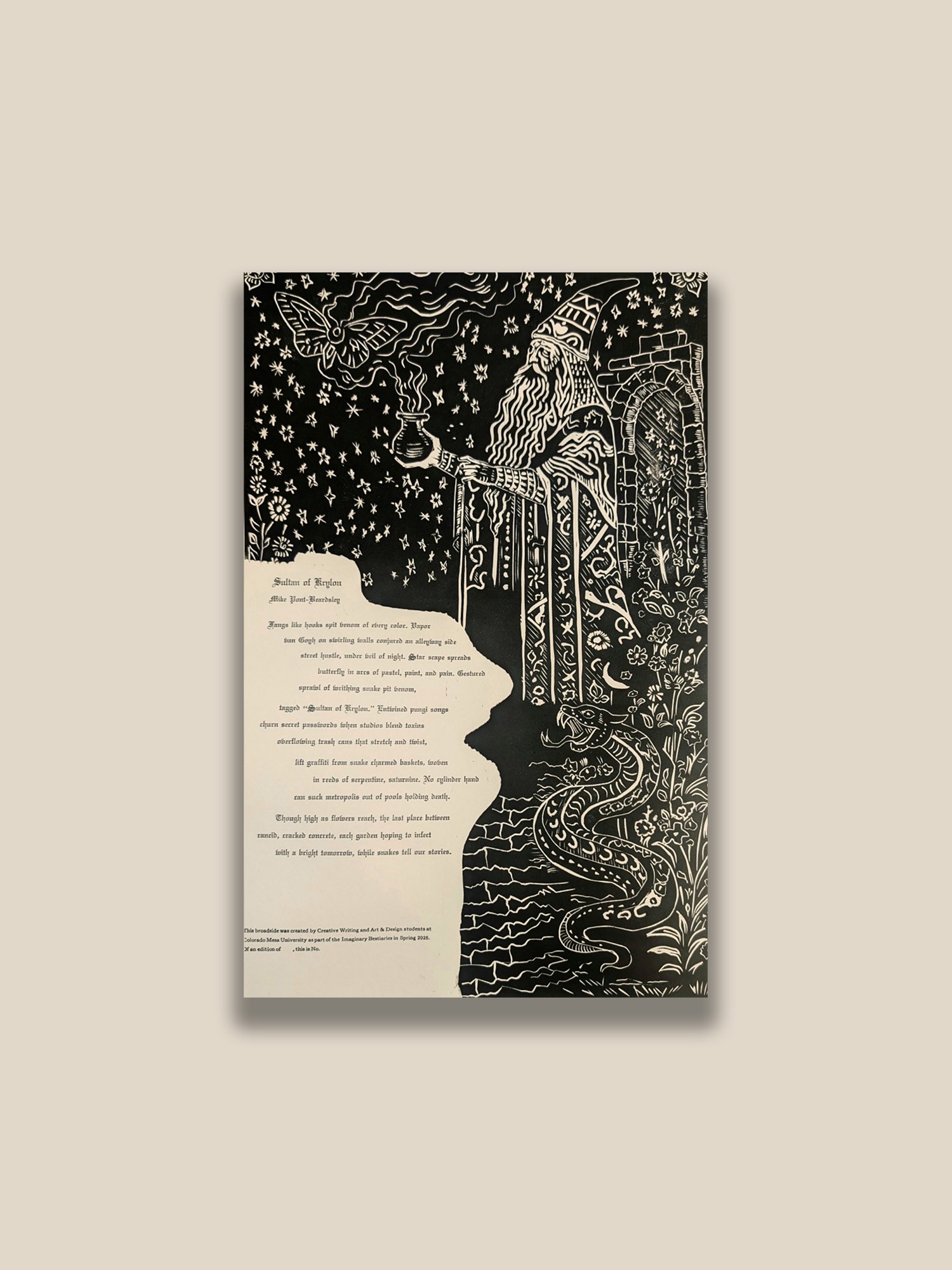 Hand-carved linocut illustration of a robed wizard holding a smoking vessel while a moth hovers overhead. Contemporary fantasy print blending folklore, magic, and medieval-inspired imagery through detailed linework.